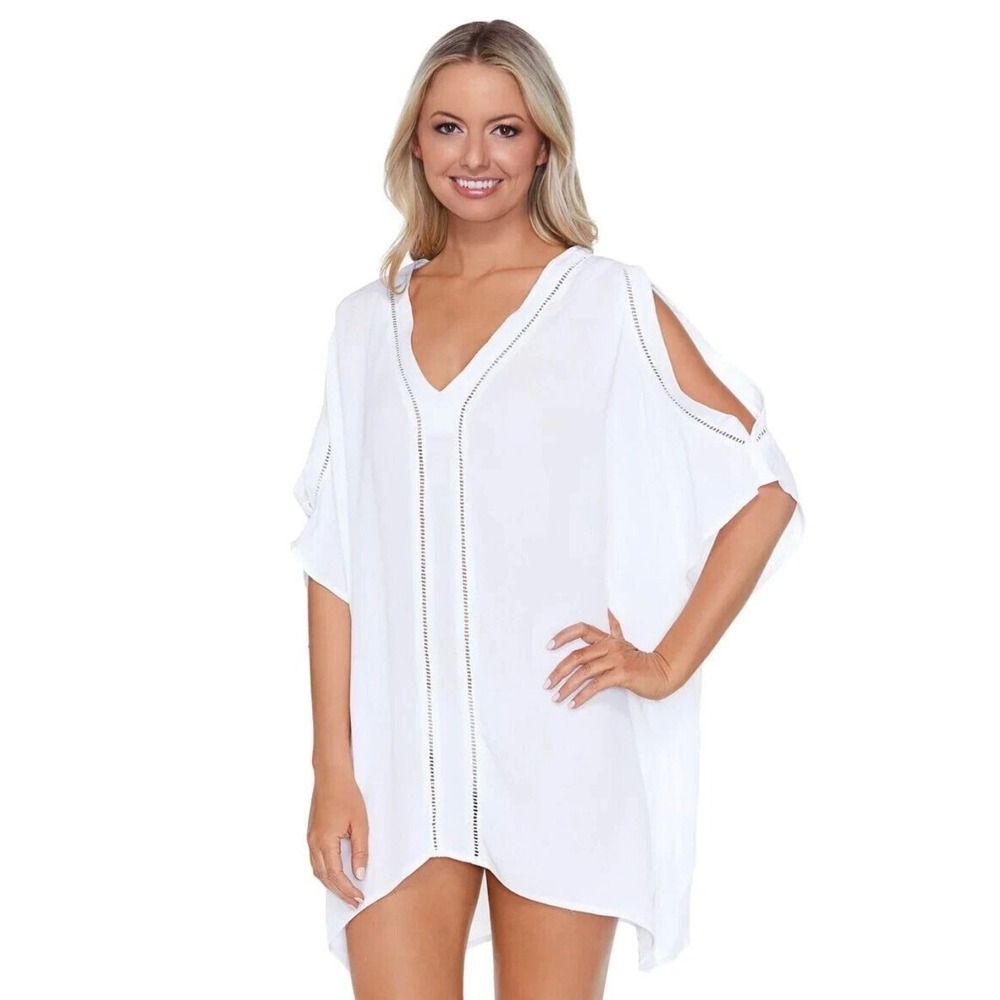 Raisins Curve White Samba Caftan Cold Shoulder Swim Cover Up 2X M840098 NEW